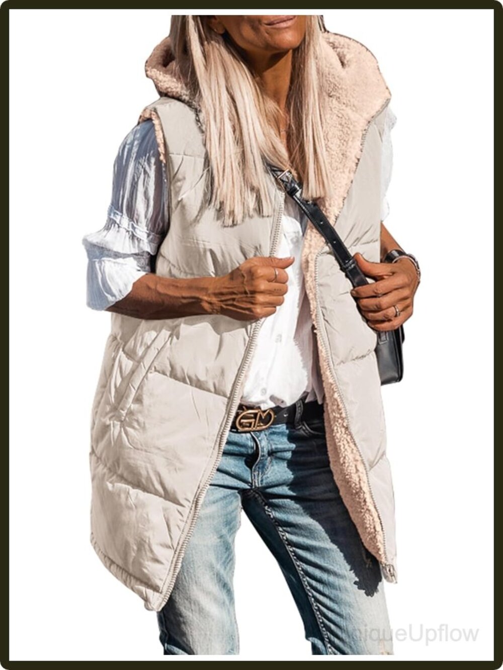 Women Reversible Fleece Hooded Long Vest Sleeveless Zip Up Winter Coat